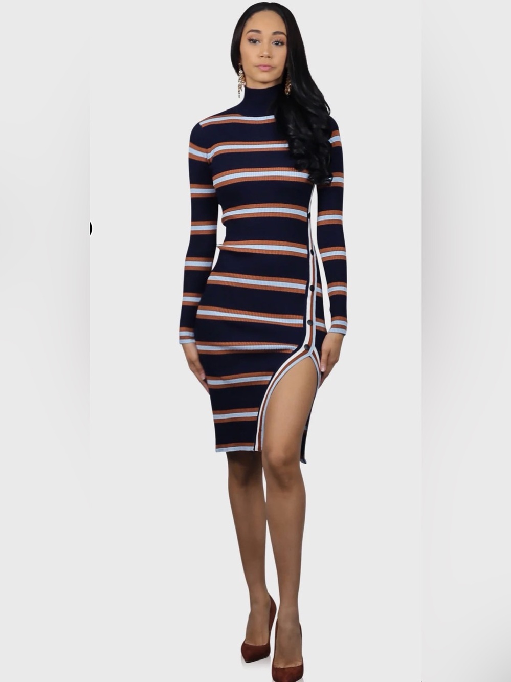 The Standard Striped Long-Sleeve Midi Dress Navy Blue Large